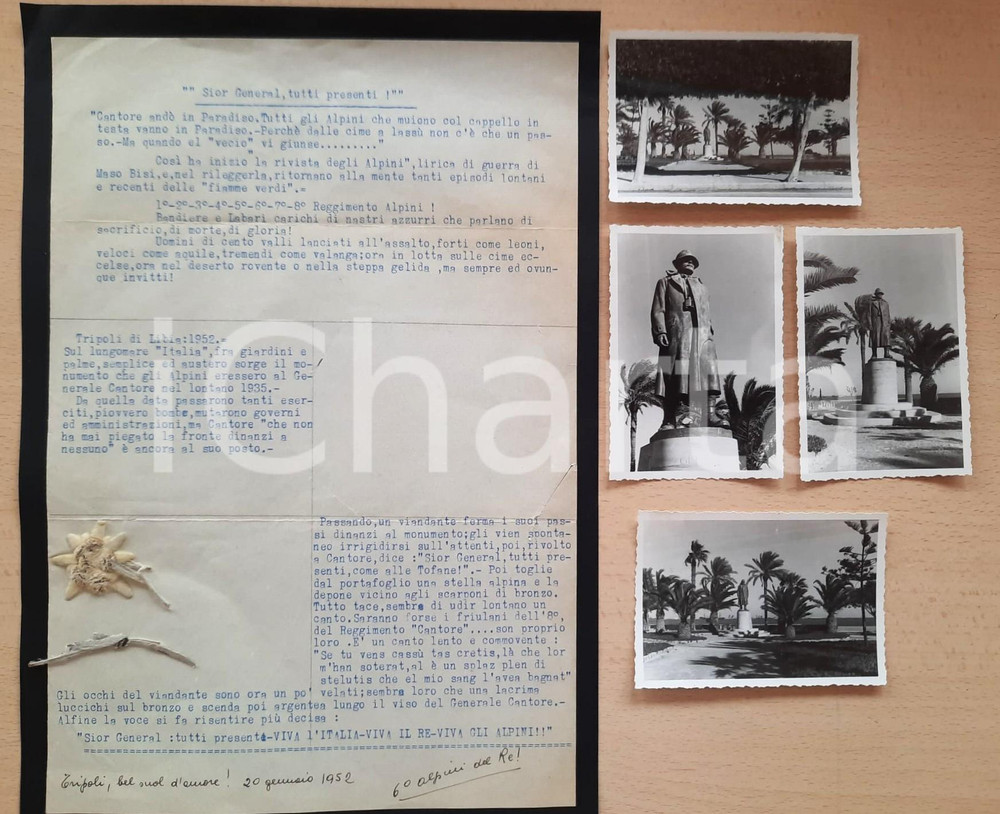 Documento originale, autentico 1952 TRIPOLI Monumento al Generale Cantore Lotto 4 foto originali e documento 1