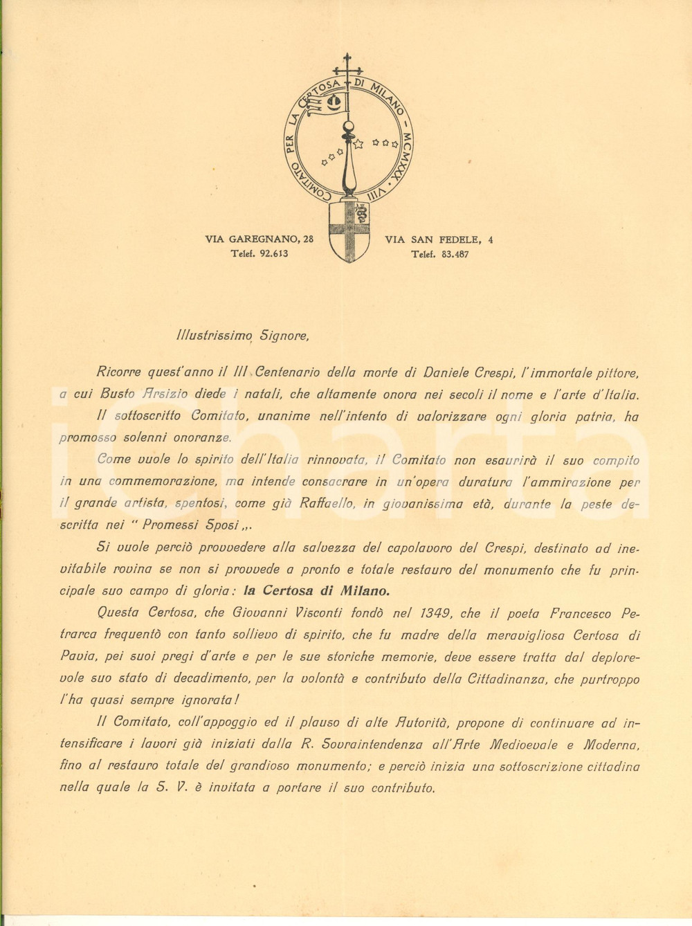 Documento originale, autentico 1930 Comitato per la CERTOSA DI MILANO  Lettera per sottoscrizione e restauro 1