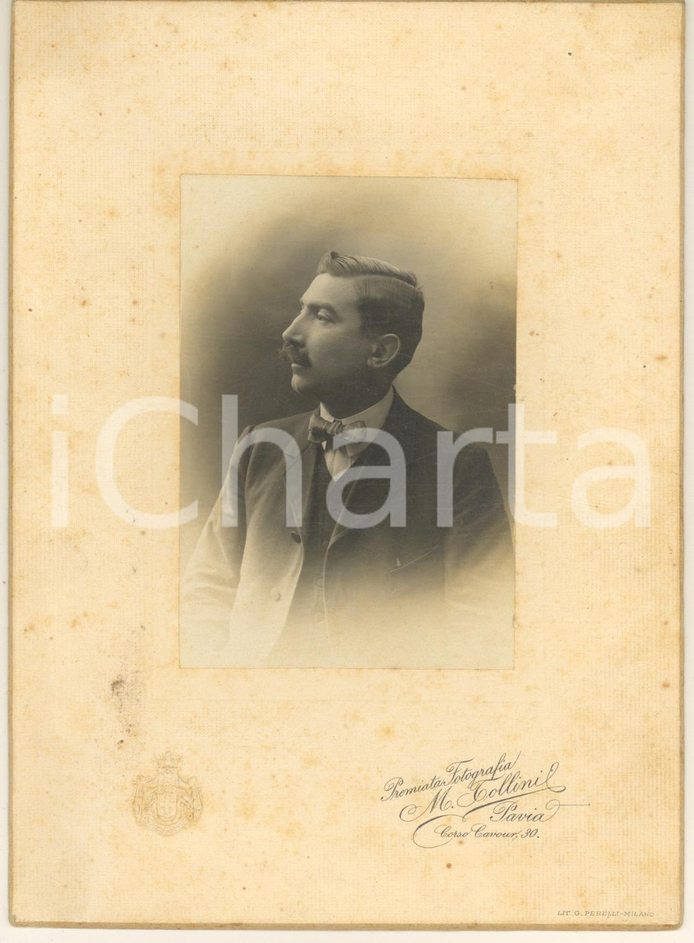 Fotografia d epoca originale 1900 ca PAVIA Ritratto di giovane uomo  Profilo Foto Mario TOLLINI 15x20 cm 1
