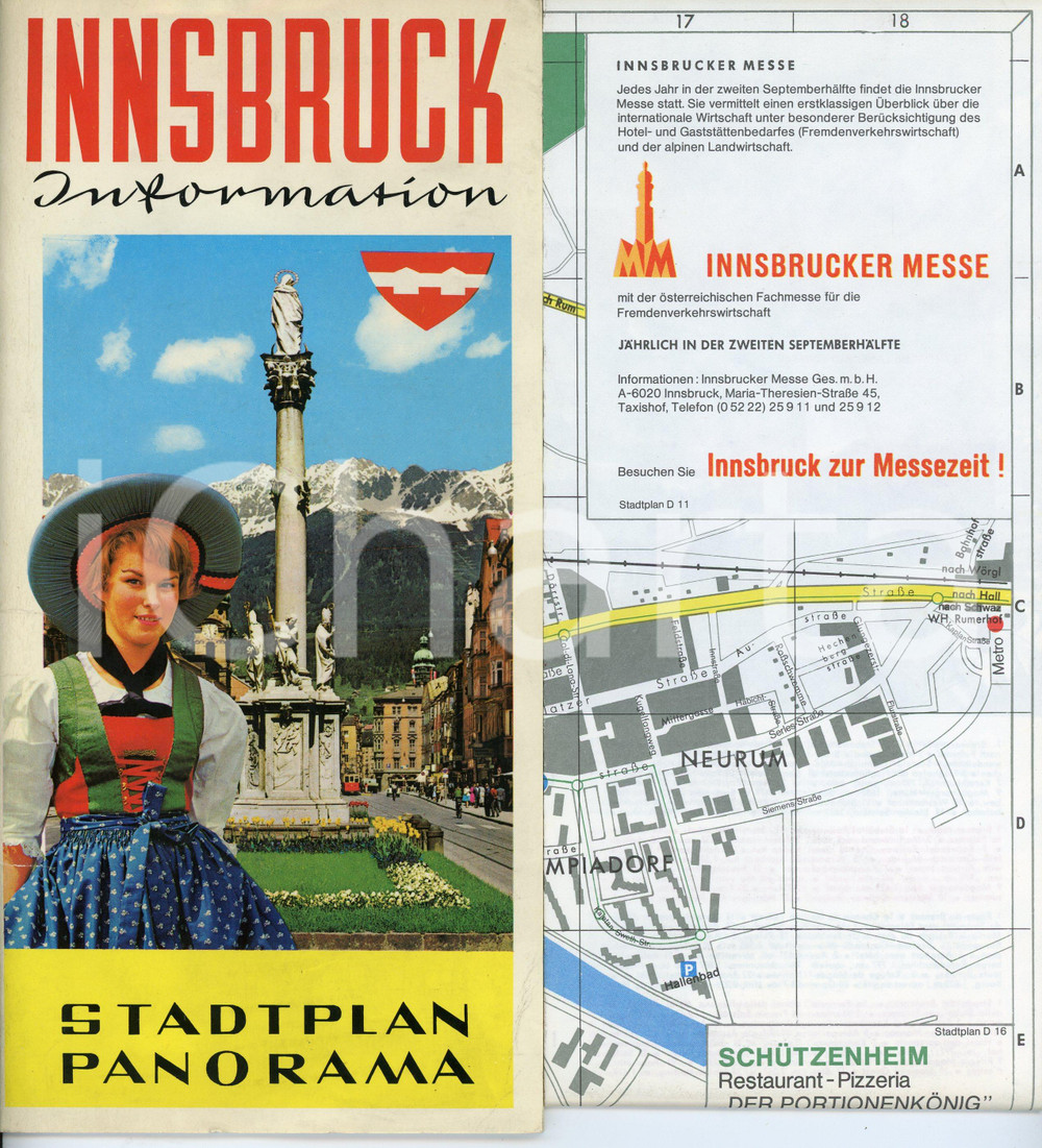 Materiale pubblicitario d’epoca 1975 ca INNSBRUCK Information  Stadtplan panorama  Pieghevole con mappa 1