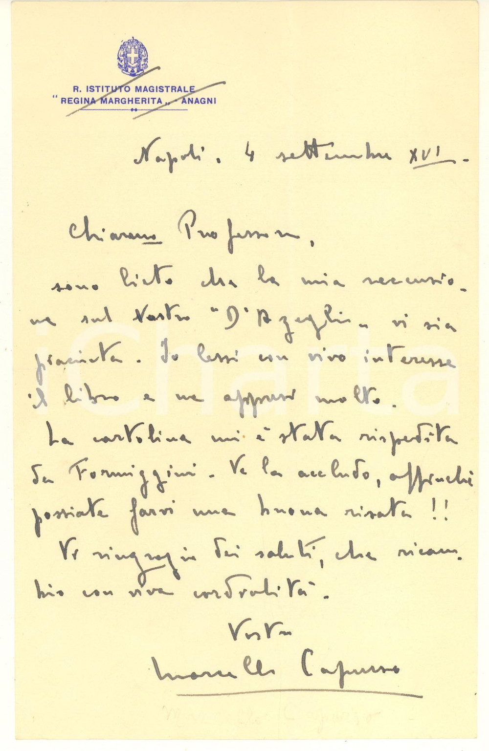 Autografo originale 1938 NAPOLI Lettera Marcello CAPURSO per recensione di un libro Autografo 1