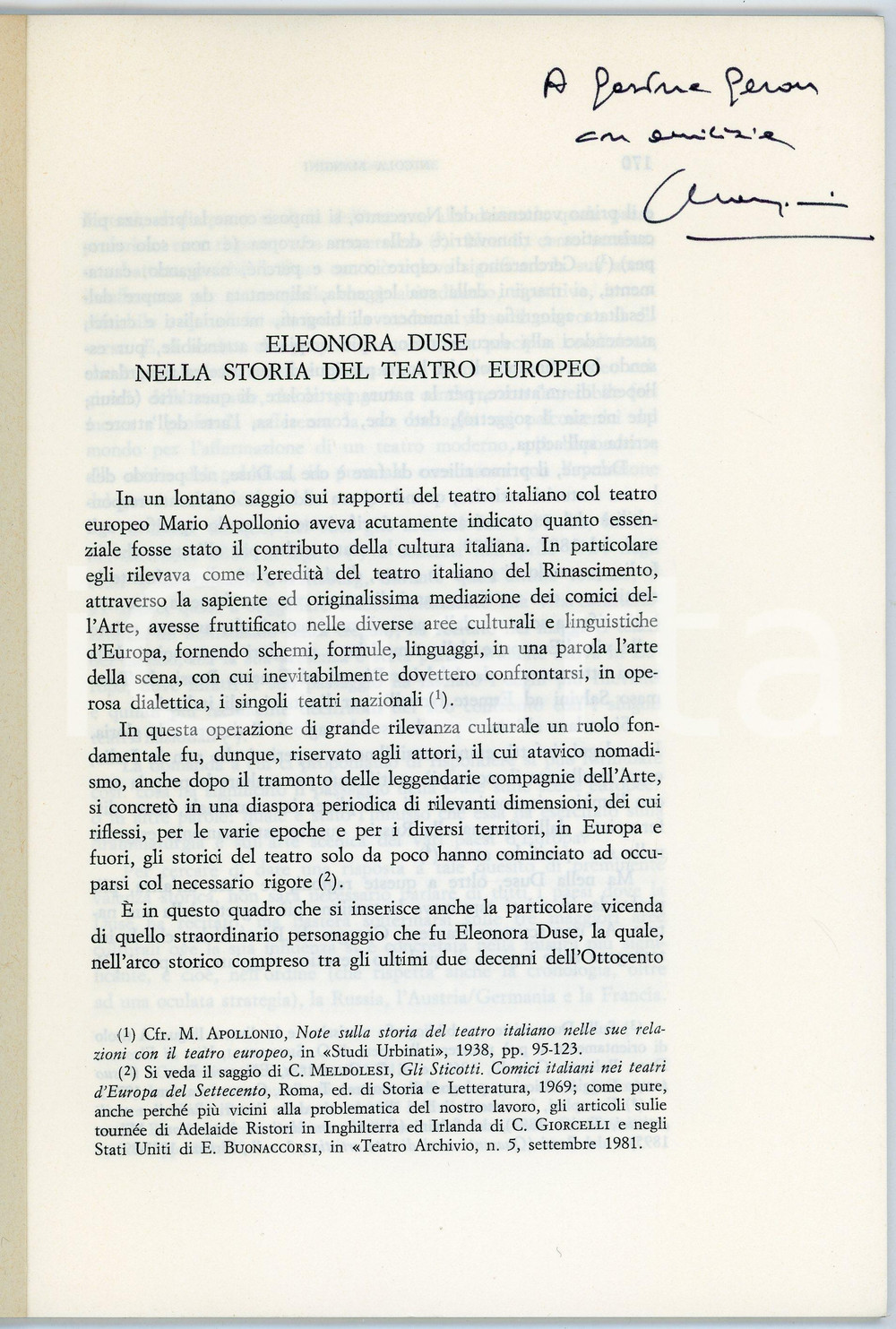 Libro, pubblicazione d epoca 1983 Nicola MANGINI Eleonora Duse nella storia teatro europeo INVIO AUTOGRAFO 1