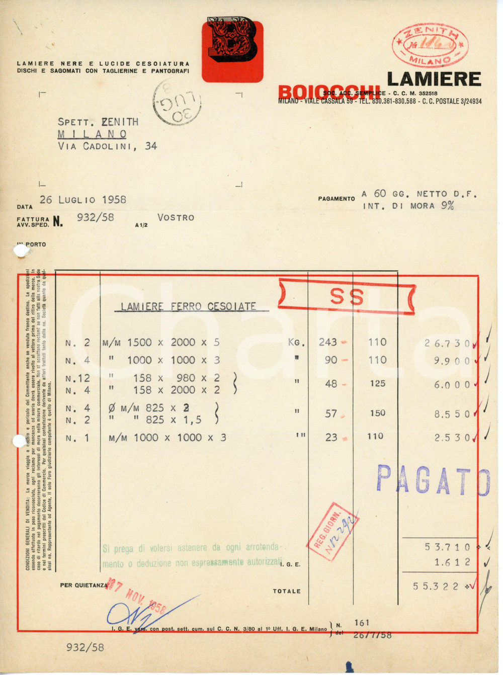 Documento originale, autentico 1958 MILANO Viale Cassala 59 BOIOCCHI LAMIERE Fattura 21x28 cm 1 1