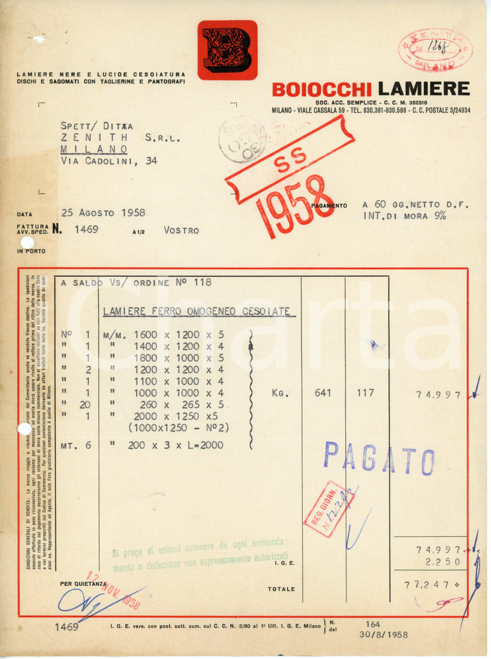 Documento originale, autentico 1958 MILANO Viale Cassala 59 BOIOCCHI LAMIERE Fattura 21x28 cm 1