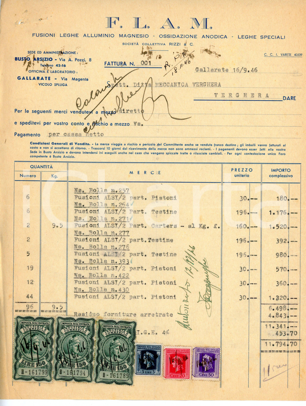 Documento originale, autentico 1946 MILANO Via Ampère 114 Lavorazione celluloide S.I.L.C.A. Fattura per pompe 1