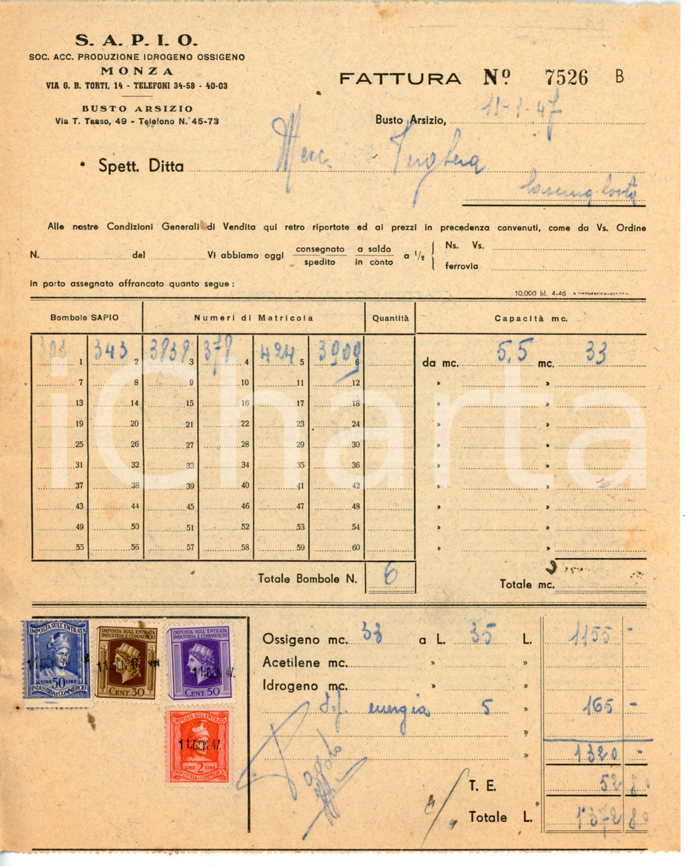 Documento originale, autentico 1947 BUSTO ARSIZIO Via Tasso 49 Produzione idrogeno ossigeno SAPIO Fattura 1