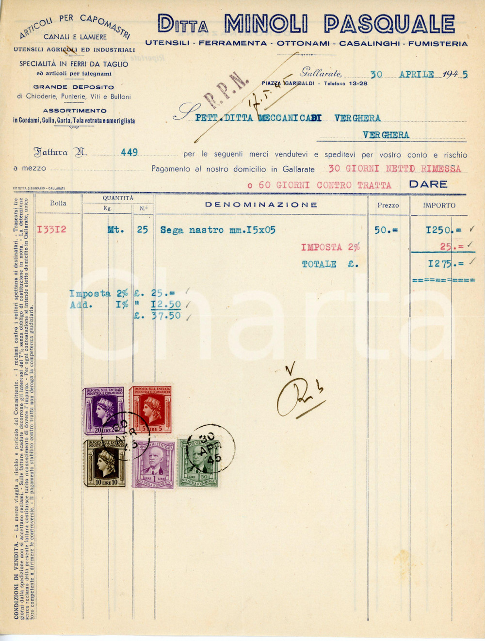 Documento originale, autentico 1945 GALLARATE Piazza Garibaldi  Ferramenta Pasquale MINOLI   Fattura per sega 1