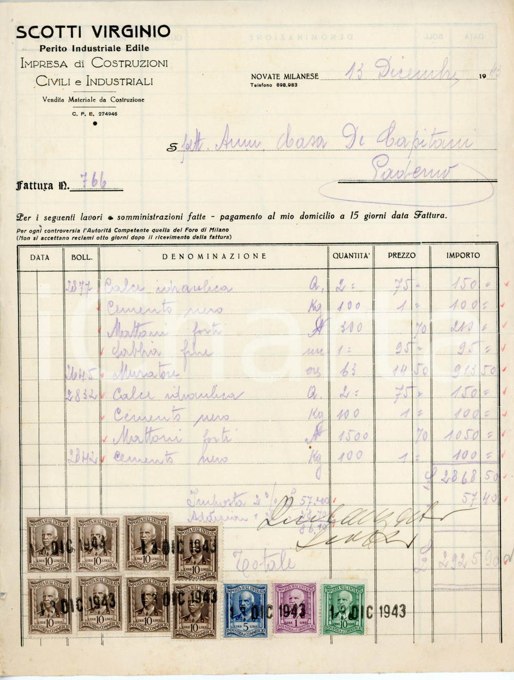 Documento originale, autentico 1943 NOVATE MILANESE Virginio SCOTTI Perito industriale edile  Fattura 22x28 cm 1