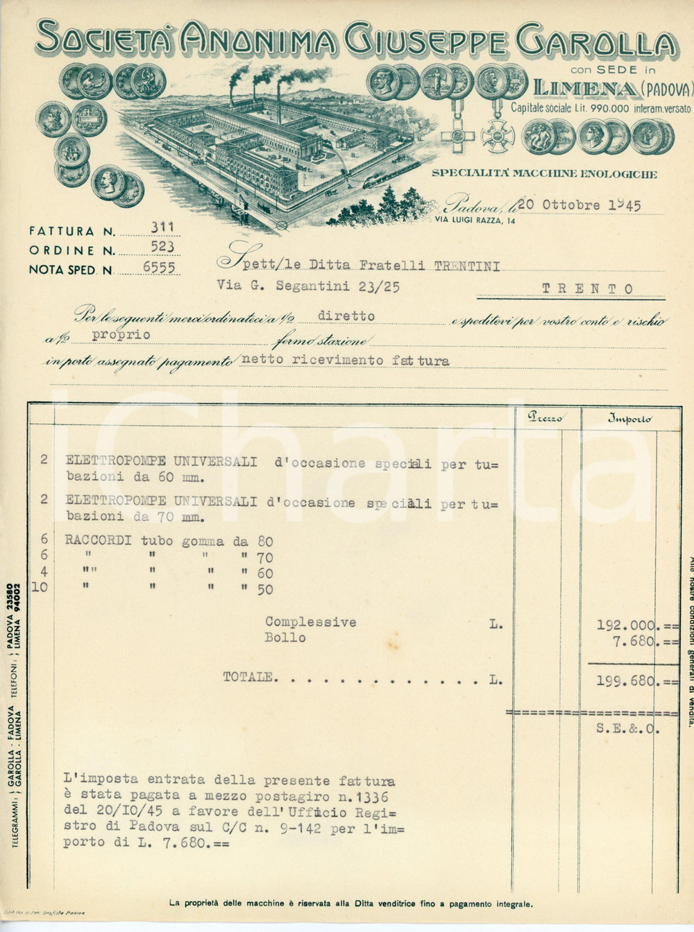 Documento originale, autentico 1945 LIMENA Società Giuseppe GAROLLA Macchine enologiche  Fattura 22x29 cm 1