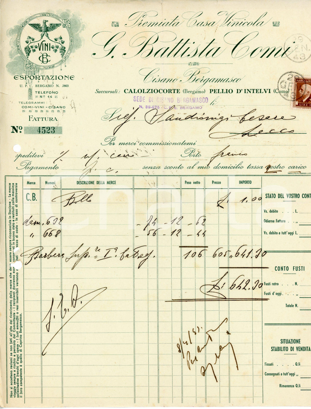 Documento originale, autentico 1943 CISANO BERGAMASCO Casa vinicola G. BATTISTA COMI Fattura 23x28 cm 1