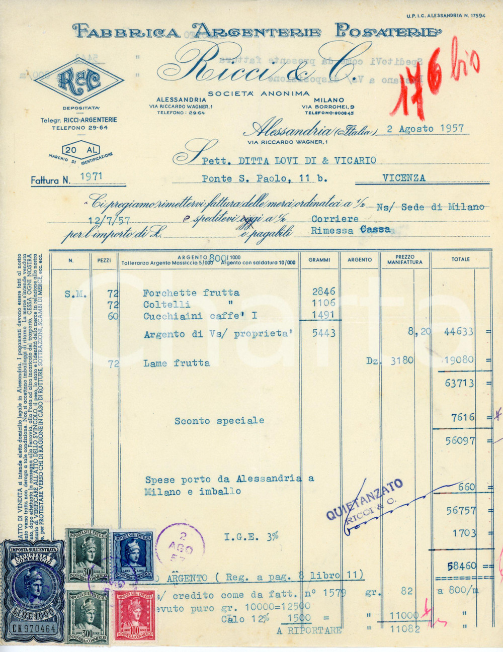Documento originale, autentico 1957 ALESSANDRIA Via Wagner 1 Argenterie RICCI Fattura cucchiaini caffè 1