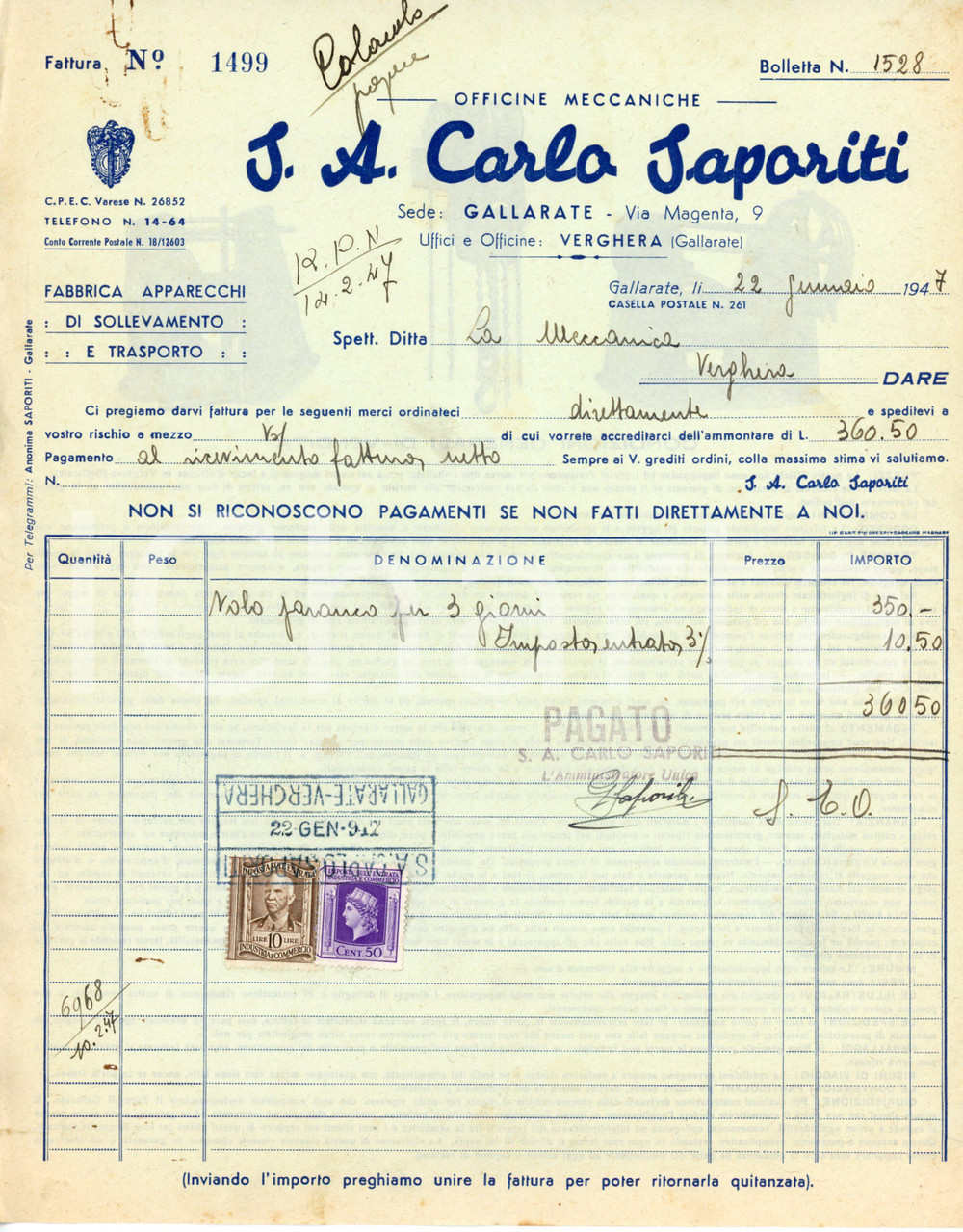 Documento originale, autentico 1947 GALLARATE Via Magenta 9 S.A. Carlo SAPORITI Officine meccaniche  Fattura 1