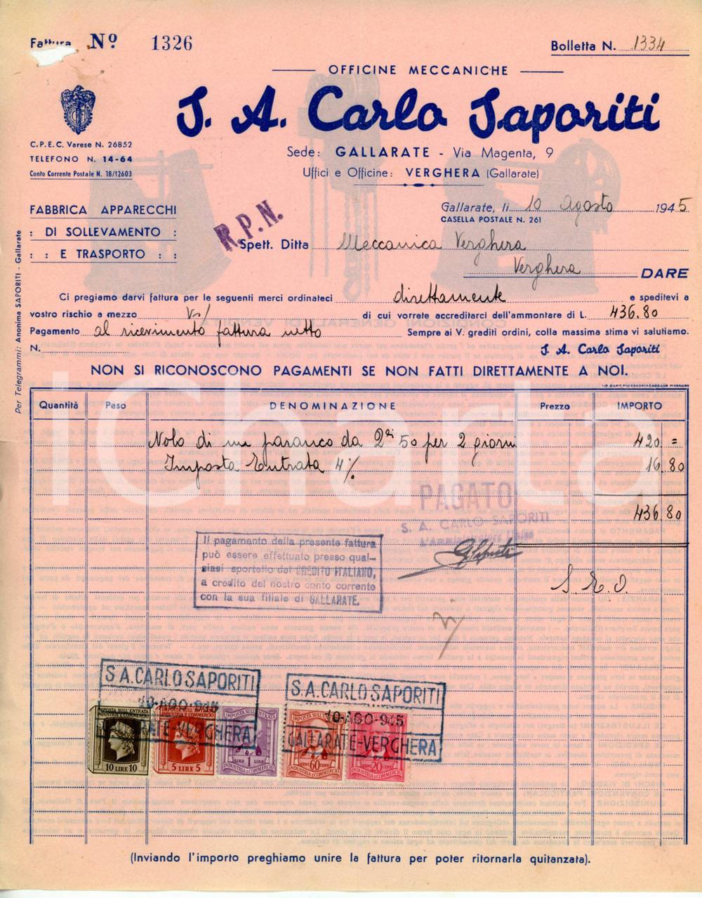 Documento originale, autentico 1945 GALLARATE Via Magenta 9 S.A. Carlo SAPORITI Officine meccaniche  Fattura 1