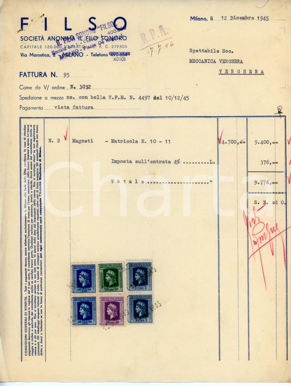 Documento originale, autentico 1945 MILANO Via Marostica 2 Società filo sonoro FILSO Fattura per magneti 1