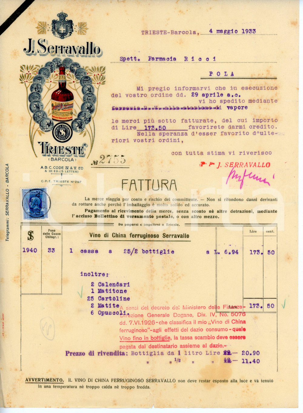 Documento originale, autentico 1933 TRIESTE  BARCOLA Distilleria J. SERRAVALLO Fattura per vino di china 1 1