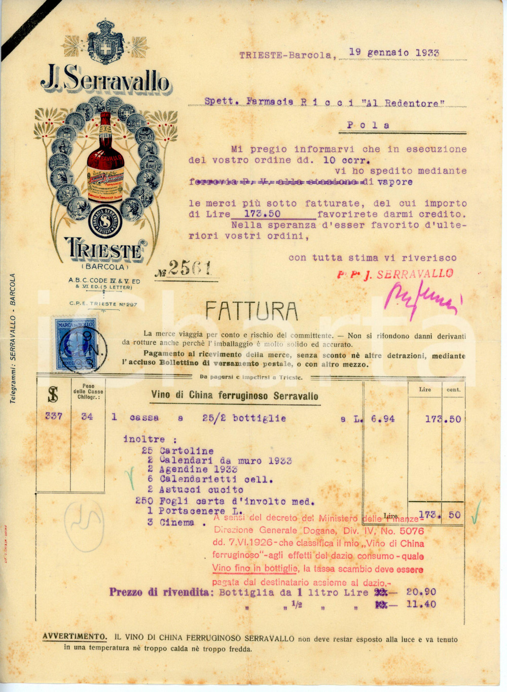Documento originale, autentico 1933 TRIESTE  BARCOLA Distilleria J. SERRAVALLO Fattura per vino di china 1