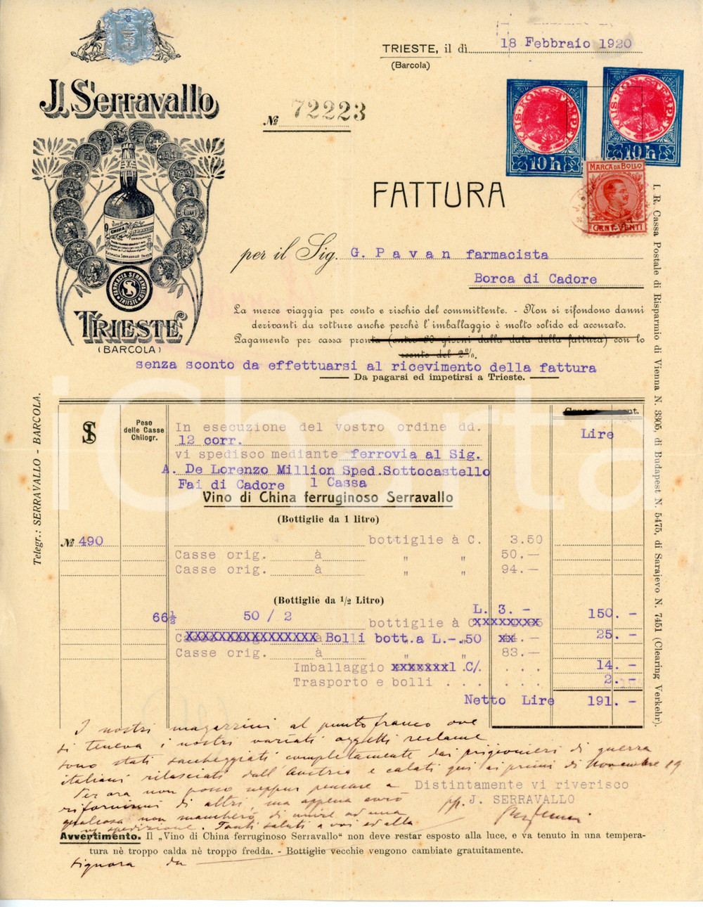 Documento originale, autentico 1920 TRIESTE  BARCOLA Distilleria J. SERRAVALLO Fattura per vino di china 1