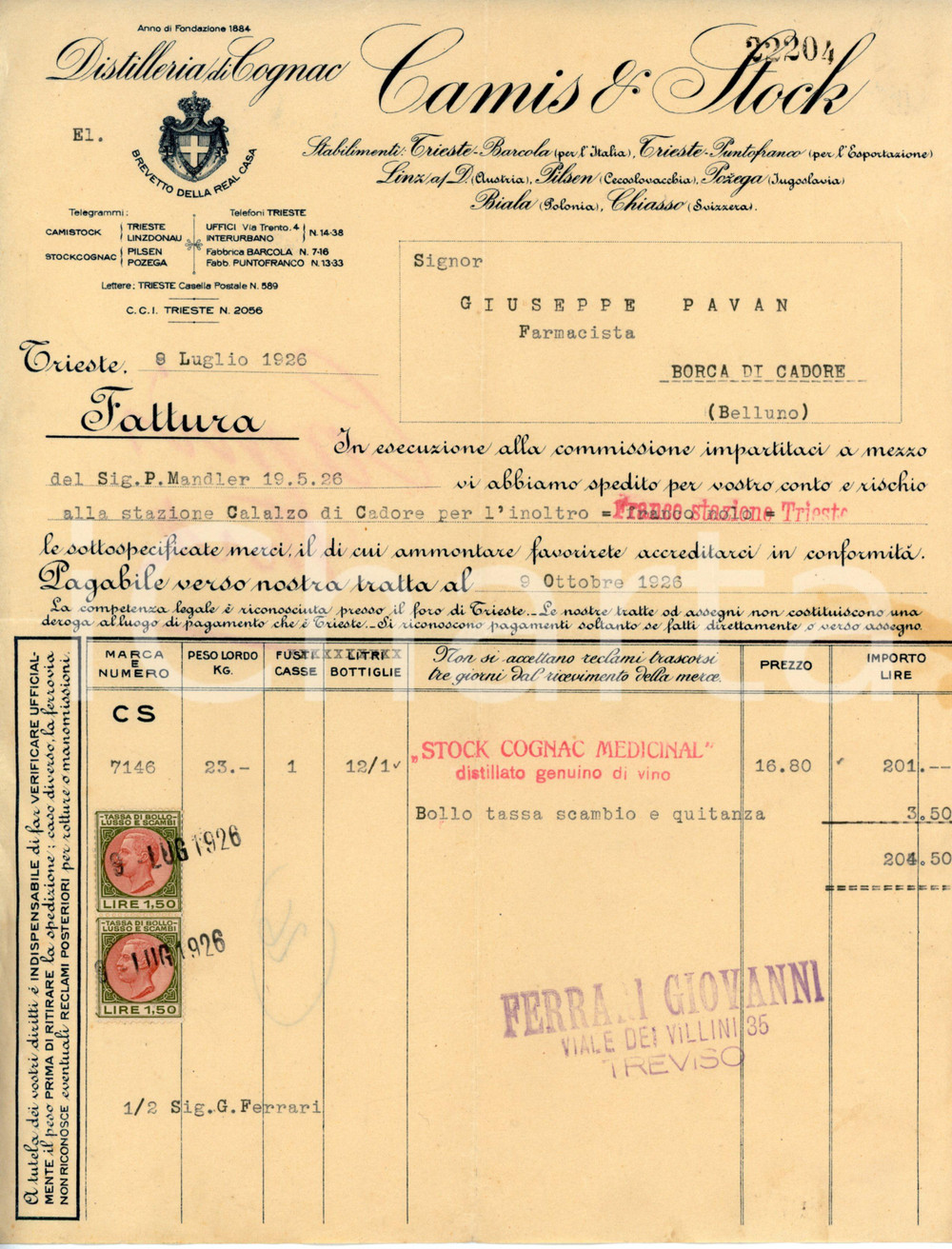 Documento originale, autentico 1926 TRIESTE Via Trento 4 Distilleria di cognac CAMIS E STOCK Fattura 22x28 cm 1
