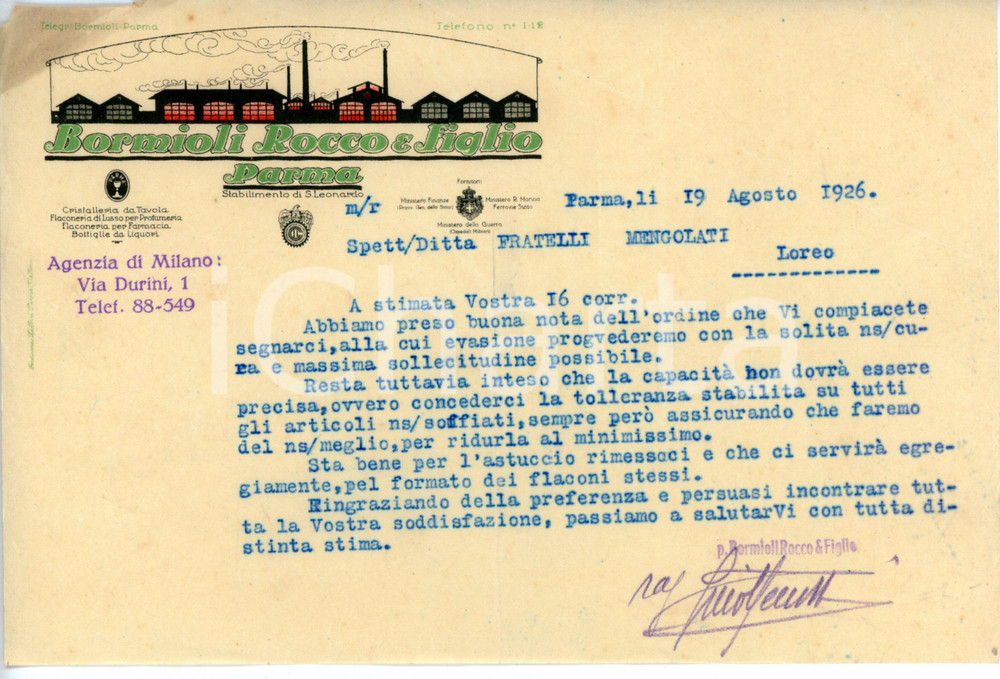 Documento originale, autentico 1926 PARMA Ditta Rocco BORMIOLI E FIGLI Lettera commerciale 21x14 cm 1