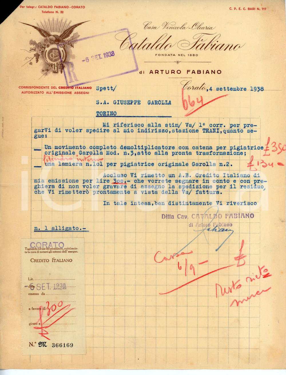 Documento originale, autentico 1938 CORATO Fabiano CATALDO Casa vinicola olearia  Lettera commerciale 1