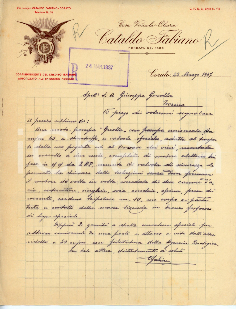 Documento originale, autentico 1937 CORATO Fabiano CATALDO Casa vinicola olearia  Lettera commerciale 1