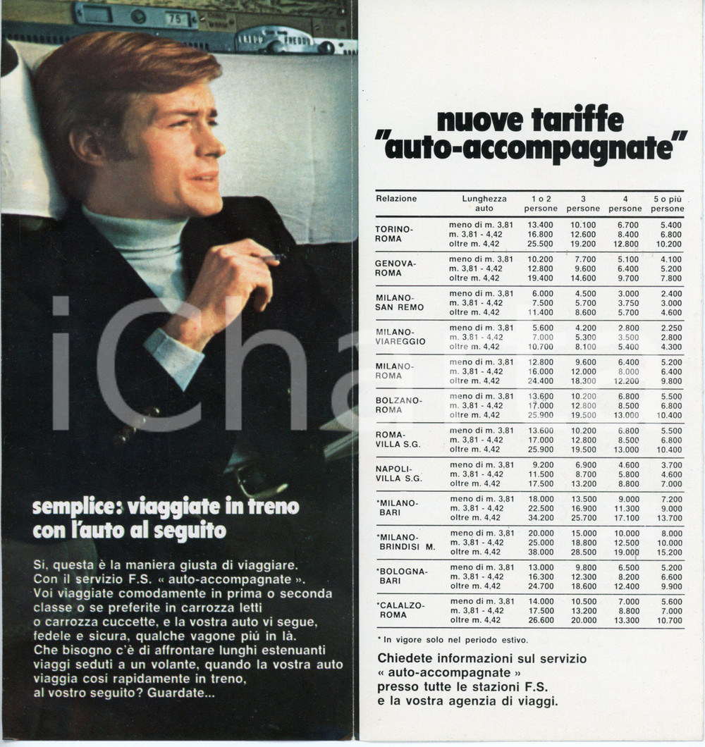 Materiale pubblicitario d’epoca 1975 ca FF.SS. Servizio autoaccompagnate Nuove tariffe  Pieghevole ILLUSTRATO 1