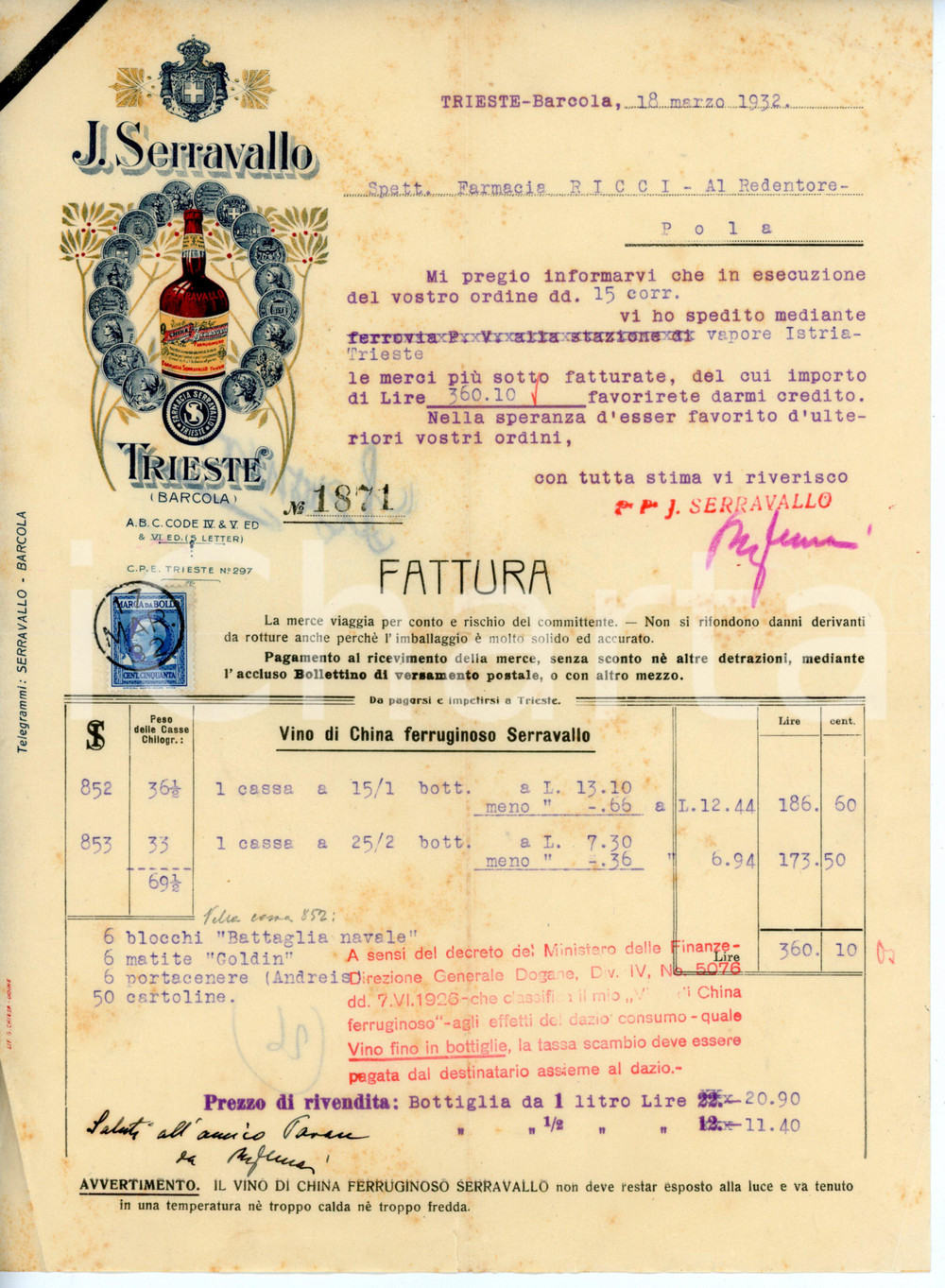 Documento originale, autentico 1932 TRIESTE  BARCOLA Distilleria J. SERRAVALLO Fattura per vino di china 2 1