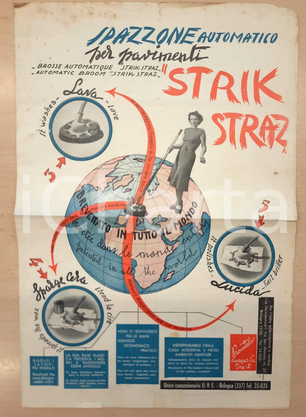 Materiale pubblicitario d’epoca 1950 ca STRIKSTRAZ spazzone automatico pavimenti Pieghevole pubblicitario 1