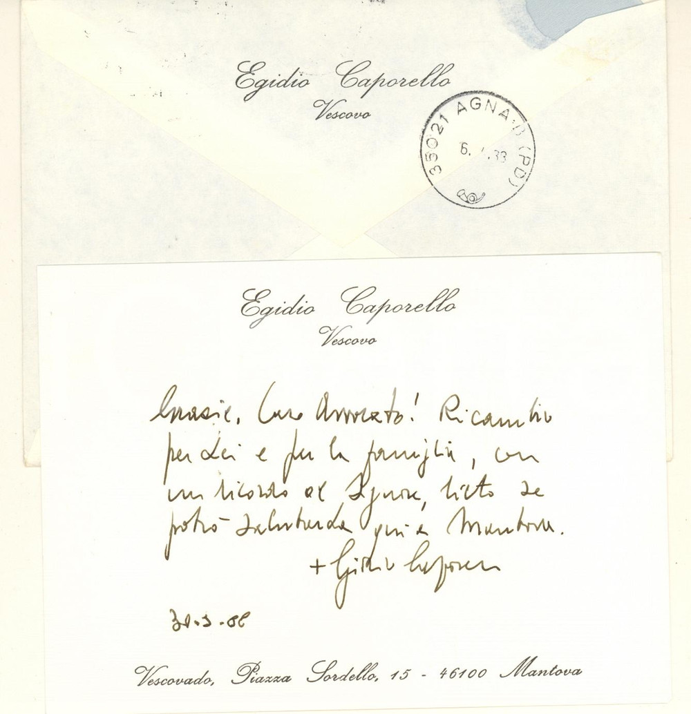 Autografo originale 1988 MANTOVA Mons. Egidio CAPORELLO vescovo   Auguri Biglietto autografo 1