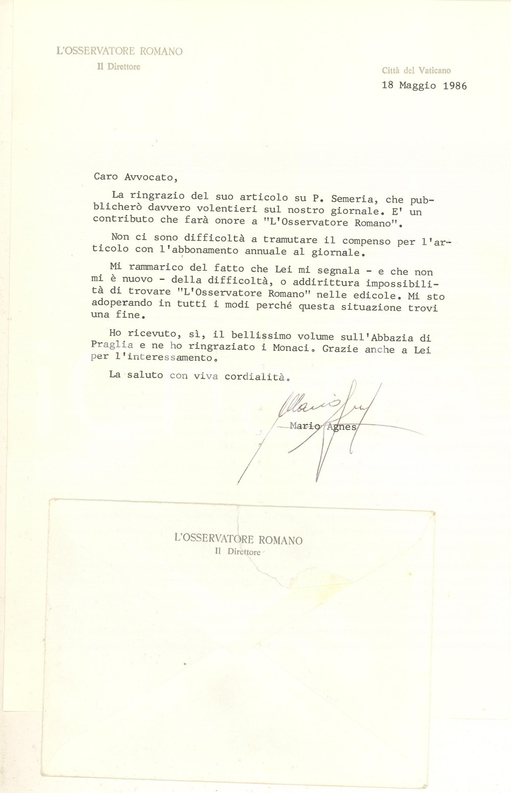 Autografo originale 1986 ROMA L OSSERVATORE ROMANO Lettera Mario AGNES per articolo Autografo 1
