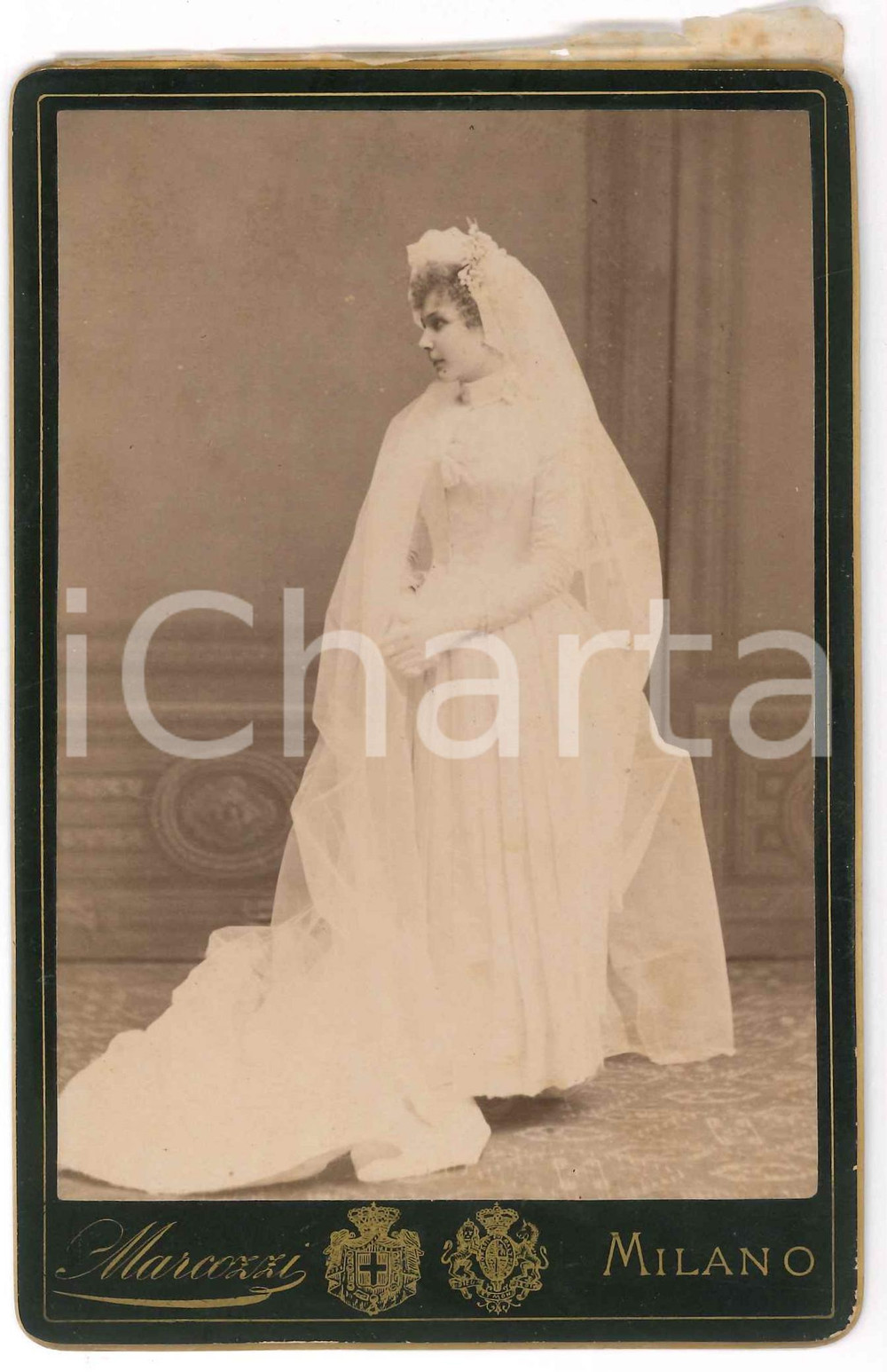 Fotografia d epoca originale 1890 ca MILANO Elisa BRONZETTI in abito da sposa Foto MARCOZZI 11x16 1