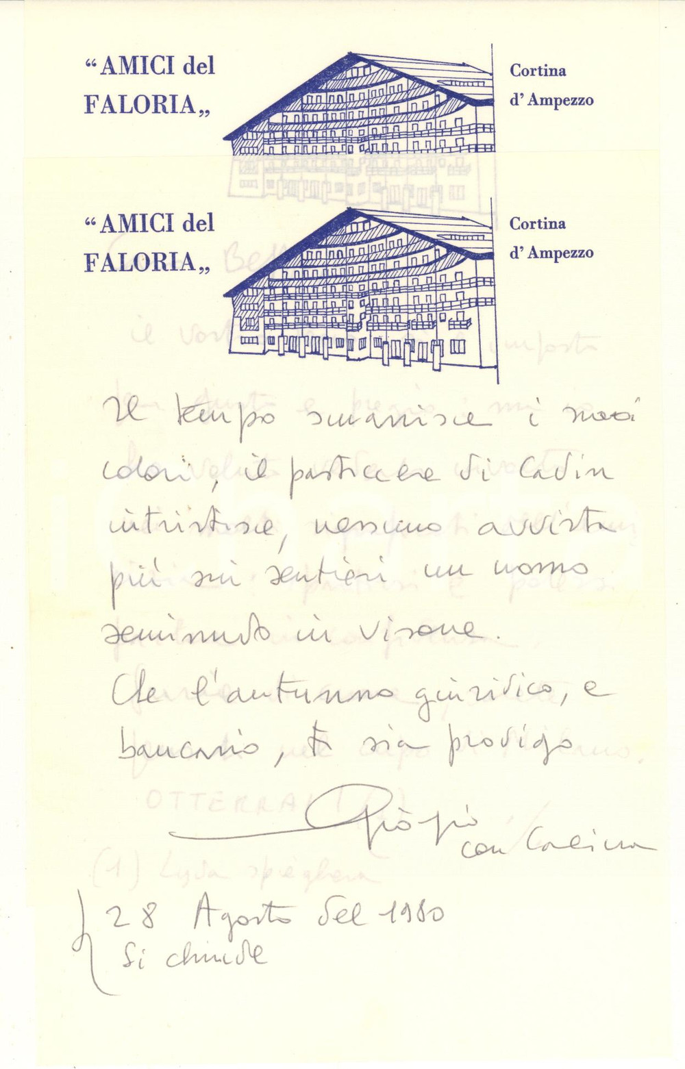 Autografo originale 1980 CORTINA D AMPEZZO Amici del Faloria  Lettera Giorgio TORELLI Autografo 1