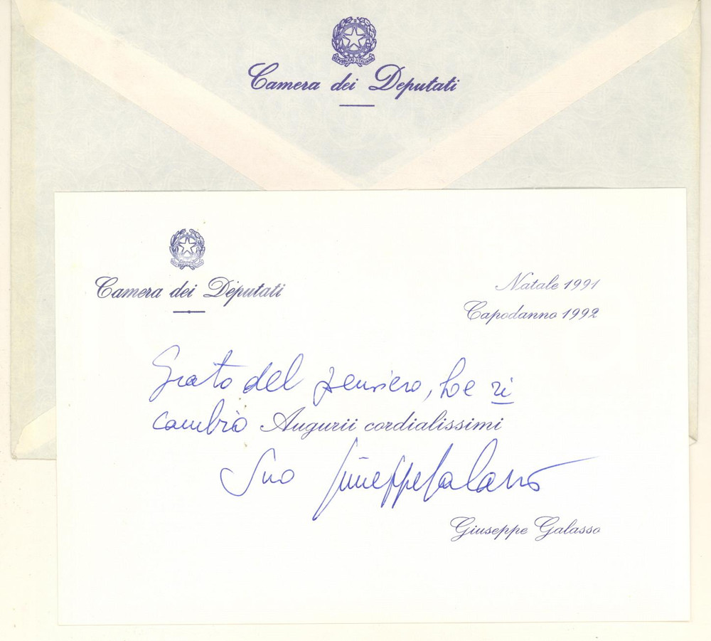 Autografo originale 1991 ROMA Biglietto Giuseppe GALASSO  Auguri di Natale  Autografo 1