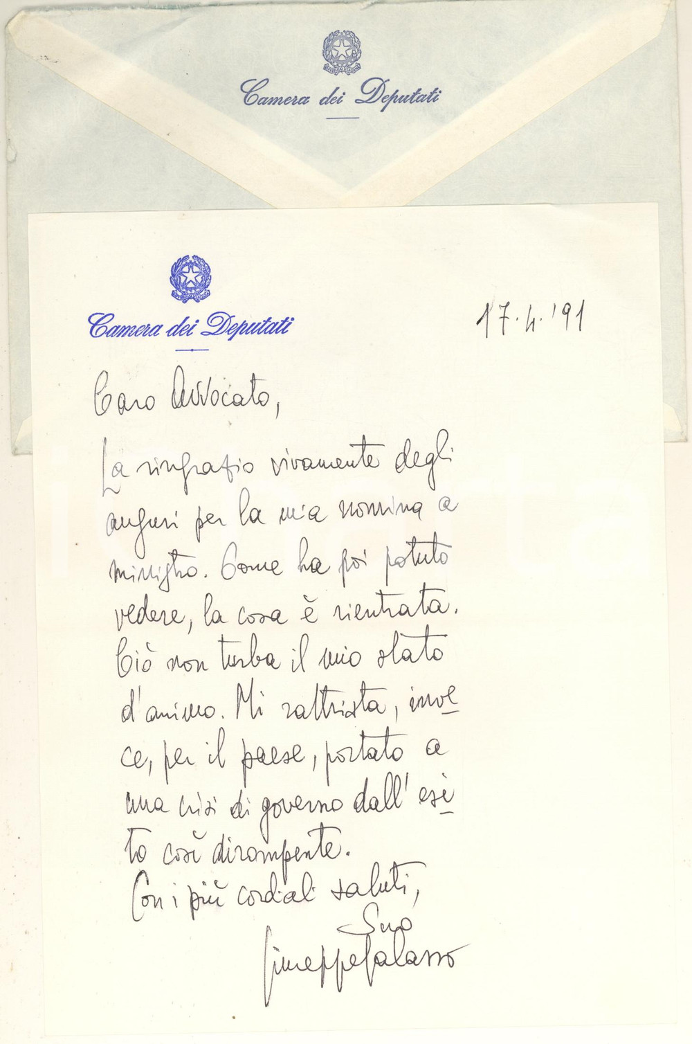 Autografo originale 1991 ROMA Lettera on. Giuseppe GALASSO nominato ministro  Autografo 1