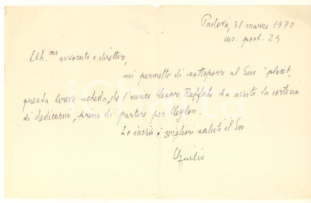 Autografo originale 1970 PADOVA Lettera Giulio ALESSI su scheda di Cesare Ruffato Autografo 1