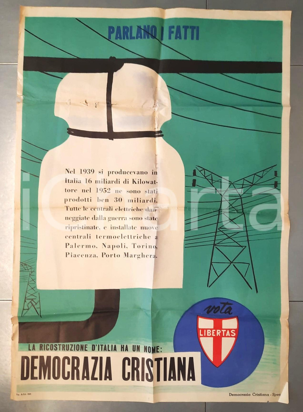 Materiale pubblicitario d’epoca 1953 PROPAGANDA DC DEMOCRAZIA CRISTIANA Ricostruzione d Italia Manifesto 70x100 1