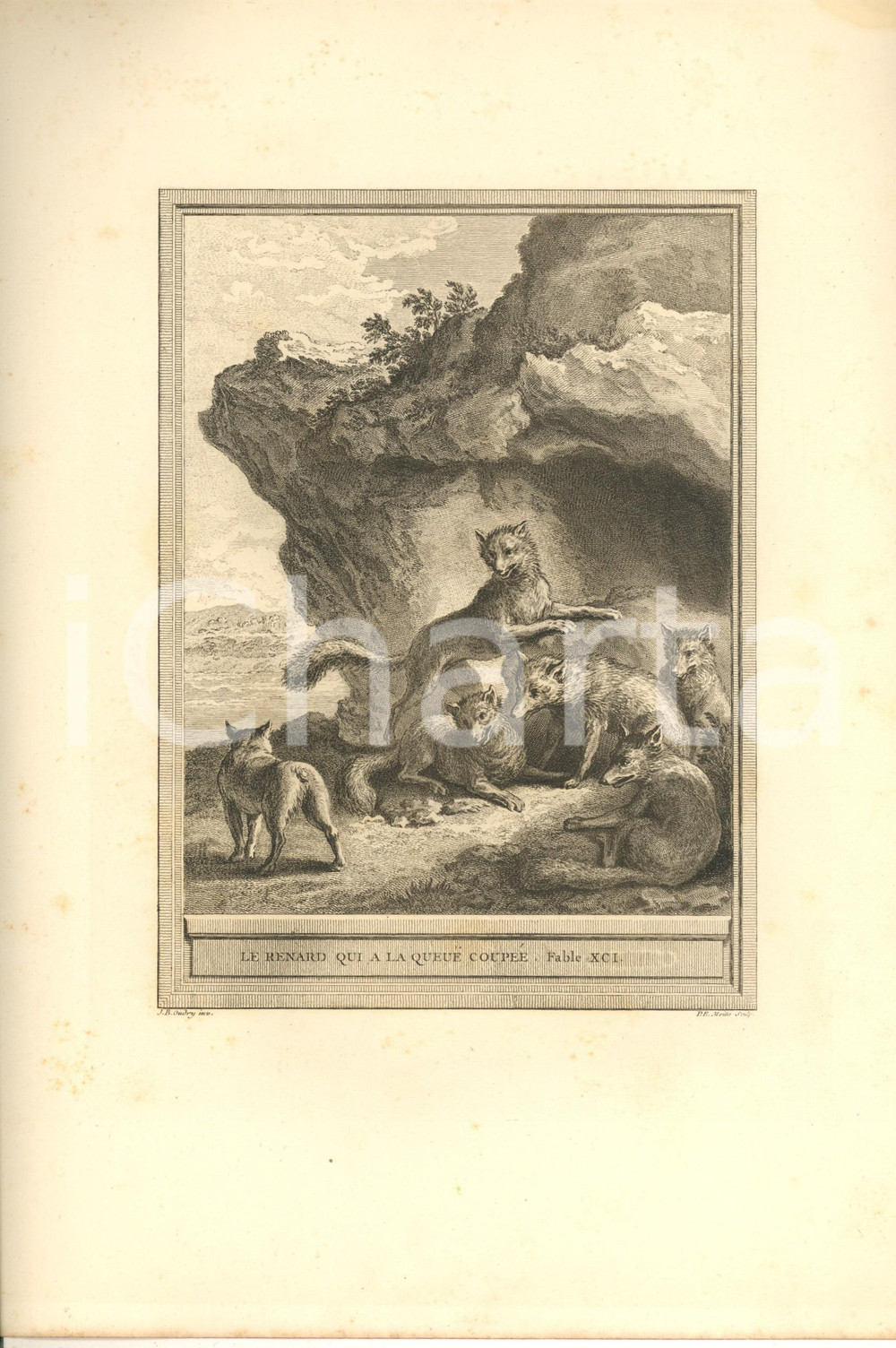 Stampa, bozzetto originale 1755 ca LA FONTAINE FABLES Le renard qui a la queue coupée  Fable XCI Gravure 1