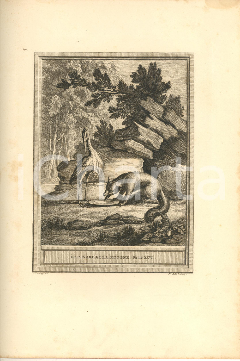 Stampa, bozzetto originale 1755 ca LA FONTAINE Fables  Le renard et la cicogne  Fable XXVI Gravure 1