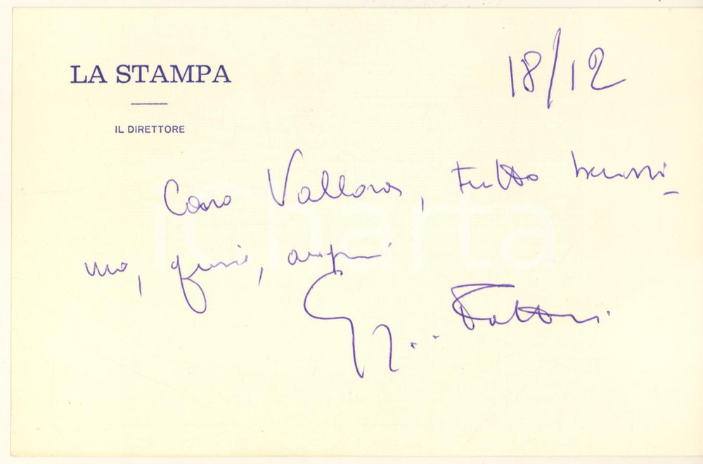 Autografo originale 1980 ca LA STAMPA Biglietto direttore Giorgio FATTORI  Auguri AUTOGRAFO 1