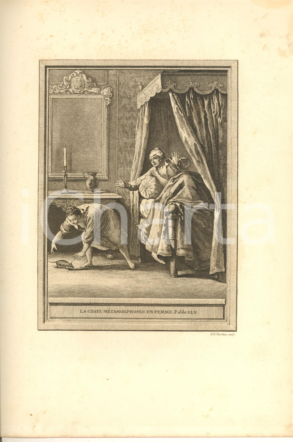 Stampa, bozzetto originale 1755 ca LA FONTAINE Fables  La chate métamorphosée en femme  Fable XLV Gravure 1