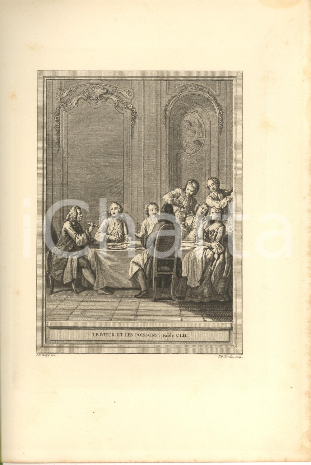 Stampa, bozzetto originale 1755 ca LA FONTAINE Fables  Le rieur et les poissons  Fable CLII Gravure 1