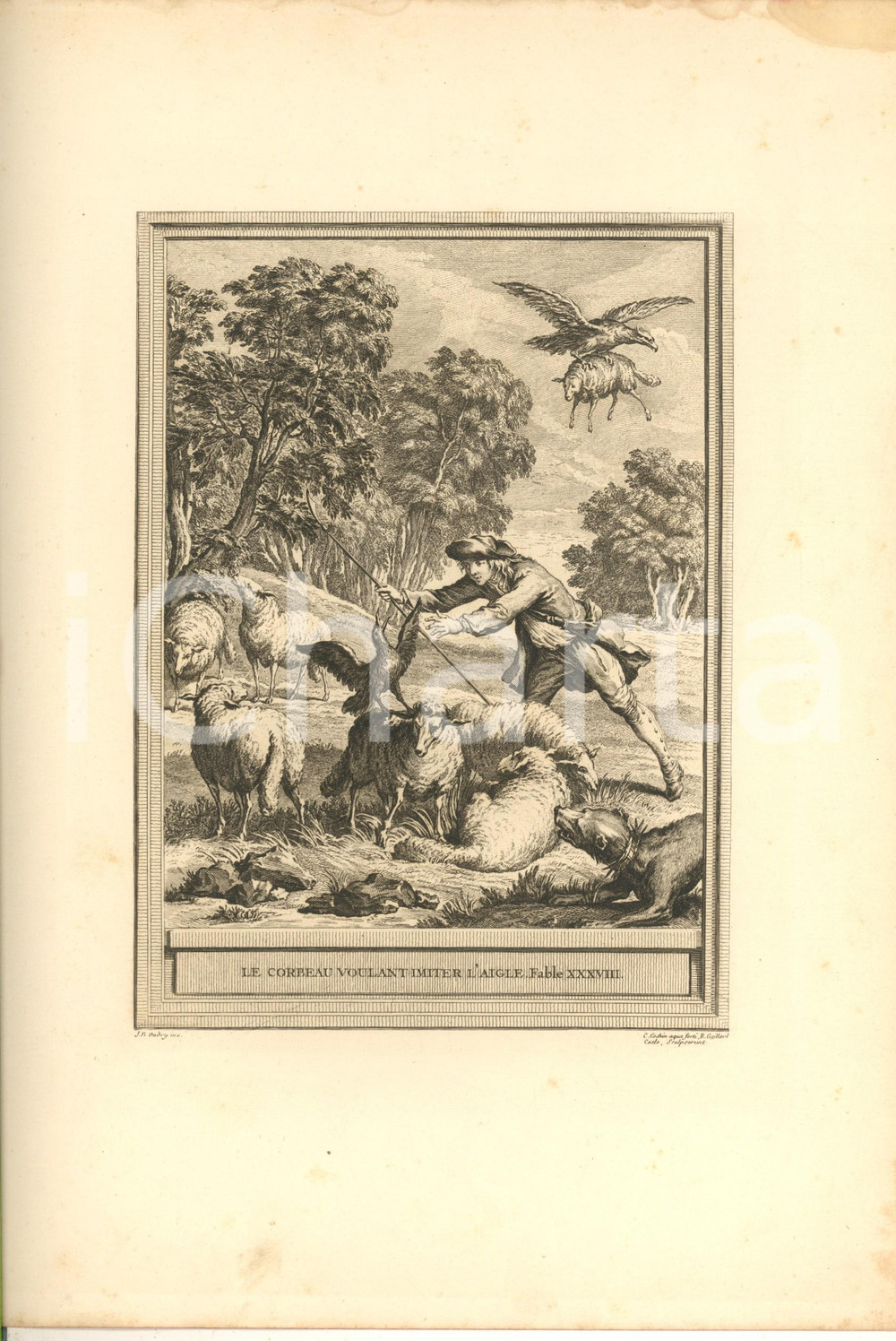 Stampa, bozzetto originale 1755 ca LA FONTAINE Fables  Le corbeau et l aigle  Fable XXXVIII Gravure 1