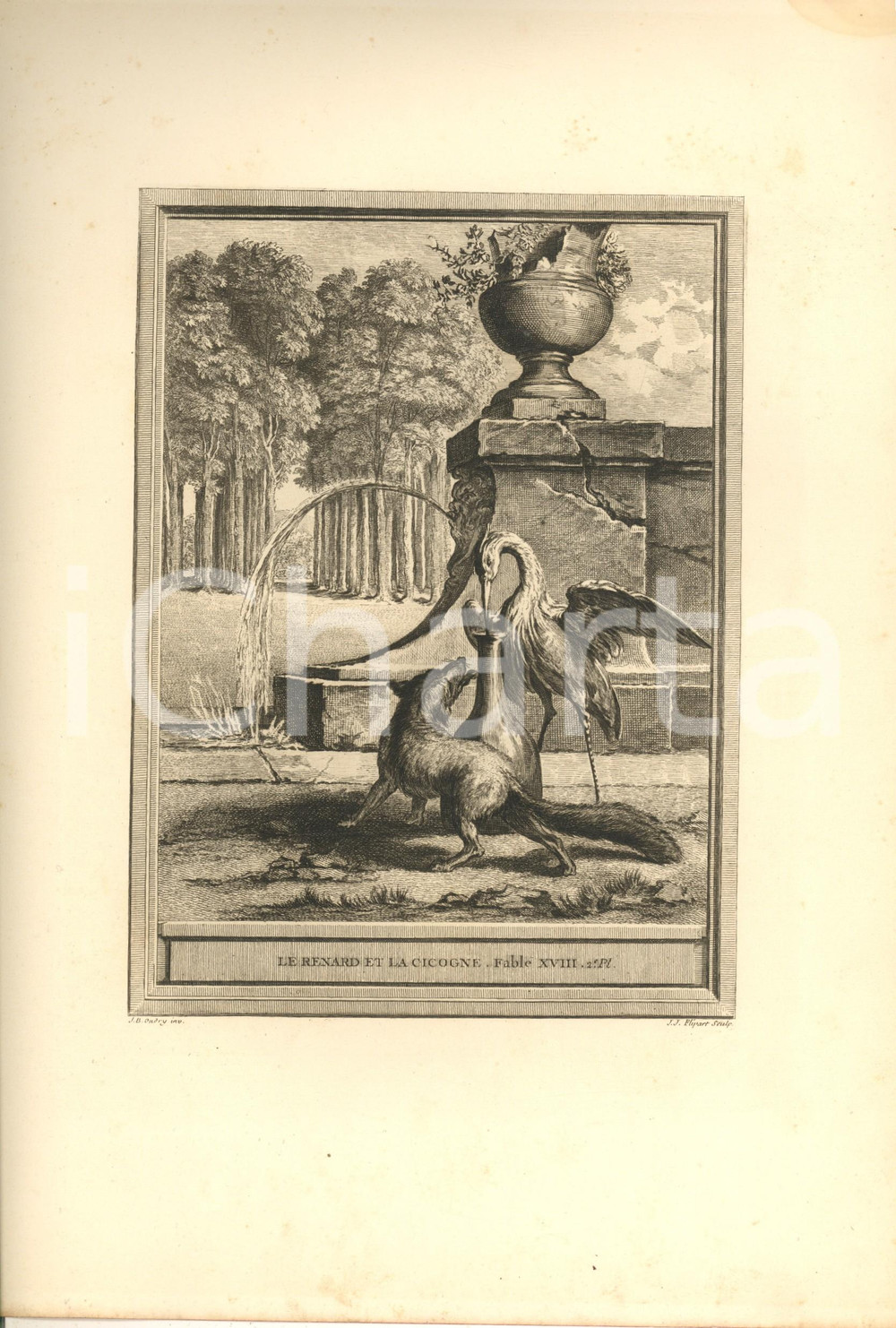 Stampa, bozzetto originale 1755 ca LA FONTAINE Fables  Le renard et la cicogne  Fable XVIII Gravure 1
