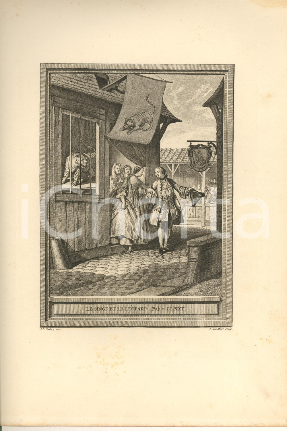 Stampa, bozzetto originale 1755 ca LA FONTAINE FABLES Le singe et le léopard  Fable CLXXII Gravure 1