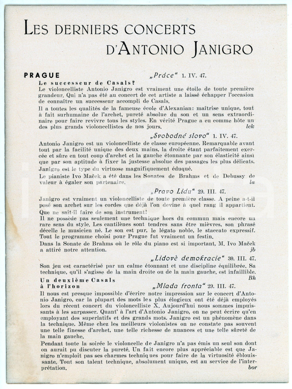 Materiale pubblicitario d’epoca 1950 ca FRANCE Derniers concerts d Antonio JANIGRO Pieghevole 1 1