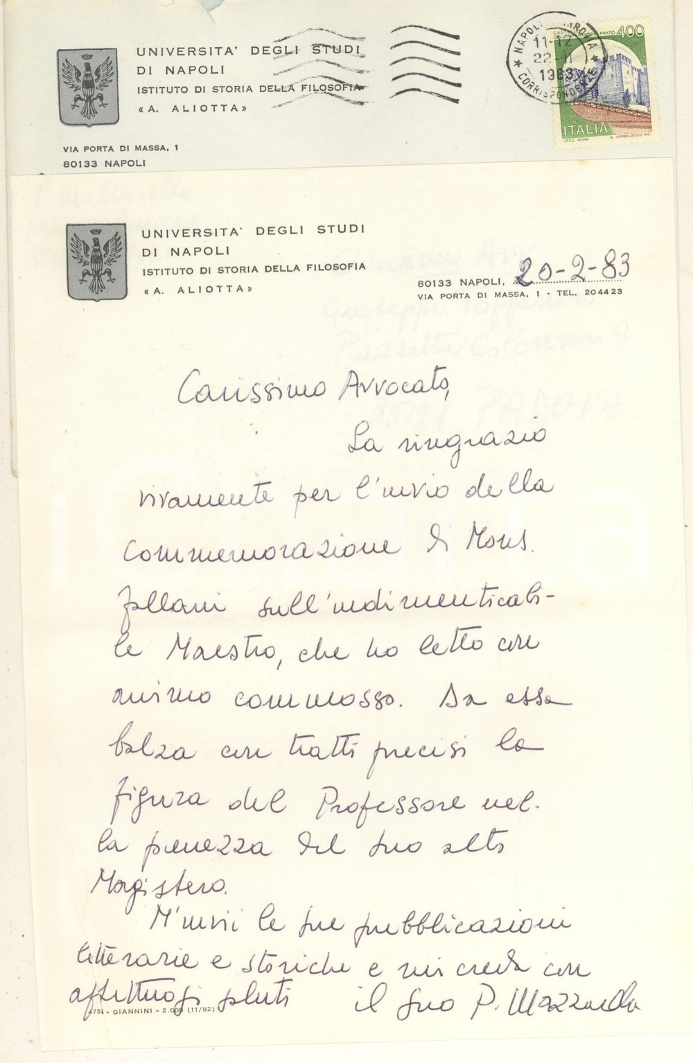 Autografo originale 1983 Università NAPOLI Lettera Pasquale MAZZARELLA per ringraziamento Autografo 1