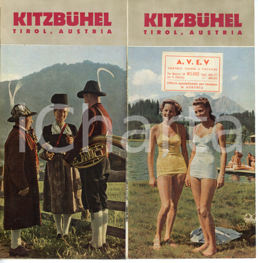Materiale pubblicitario d’epoca 1935 ca KITZBUHEL  TIROL OSTERREICH Pieghevole turistico ILLUSTRATO 10x21 cm 1