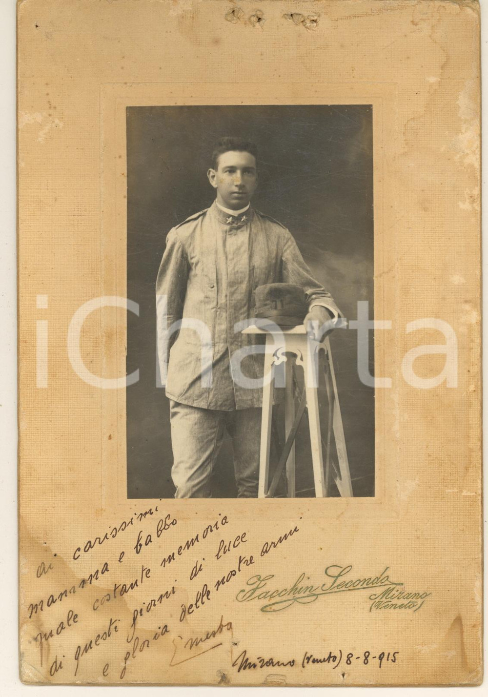 Fotografia d epoca originale 1915 WW1 MIRANO VE Ernesto MARINI allievo ufficiale  Ritratto Foto FACCHIN 1