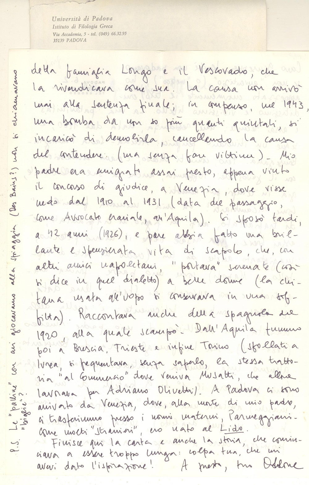 Autografo originale 1990 ca PADOVA Lettera Oddone LONGO sulla propria storia familiare Autografo 1