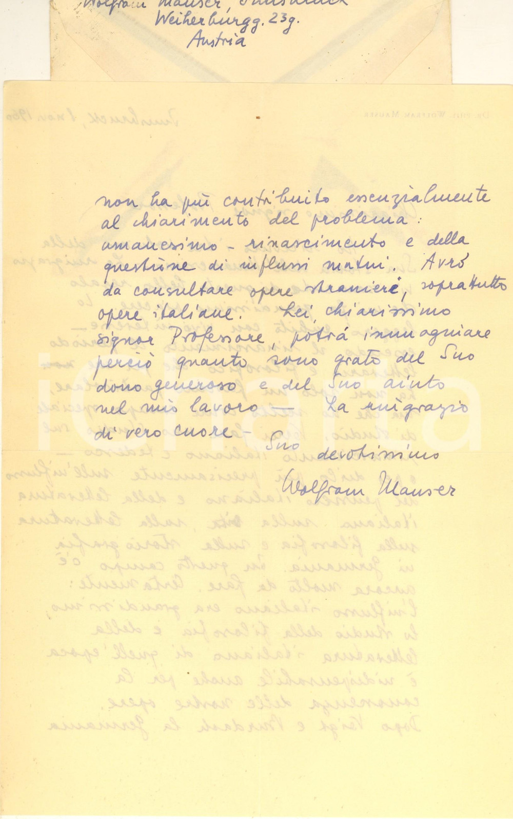 Autografo originale 1960 INNSBRUCK Lettera filologo Wolfram MAUSER sul Rinascimento Autografo 1